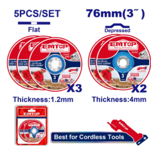 Set 5 copë disqe prerëse/zhmeriluese 76mm (3") EMTOP – për vegla pa kabllo